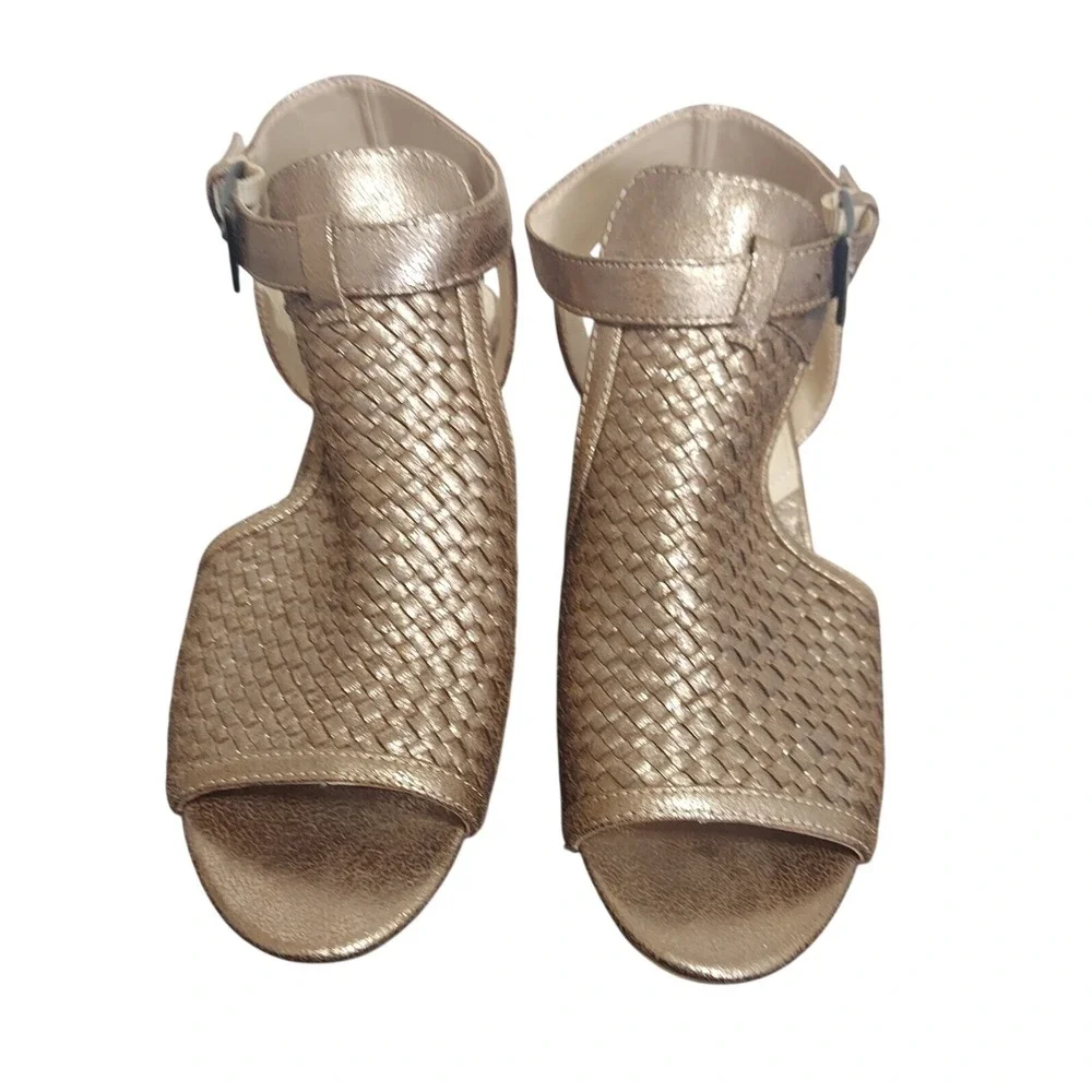 Adrienne Vittadini Roseanne Rose Gold Metallic Woven Wedge Sandals Womens 9 NEW
